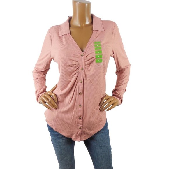 Steve Madden Tops - STEVE MADDEN Top L New $59 Button Down Blouse Pink Rose Stretch V-Neck Long Slvs